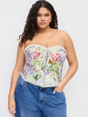 Cotton-blend Collarless Floral Lace Up Drawstring Top Curve & Plus