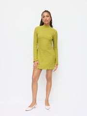 Texture High Neck Bell Sleeve Lettuce Trim Tie Back Mini Dress