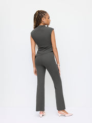 Cotton-blend High Neck Ruched Split Top & Mid Rise Flared Trousers Set