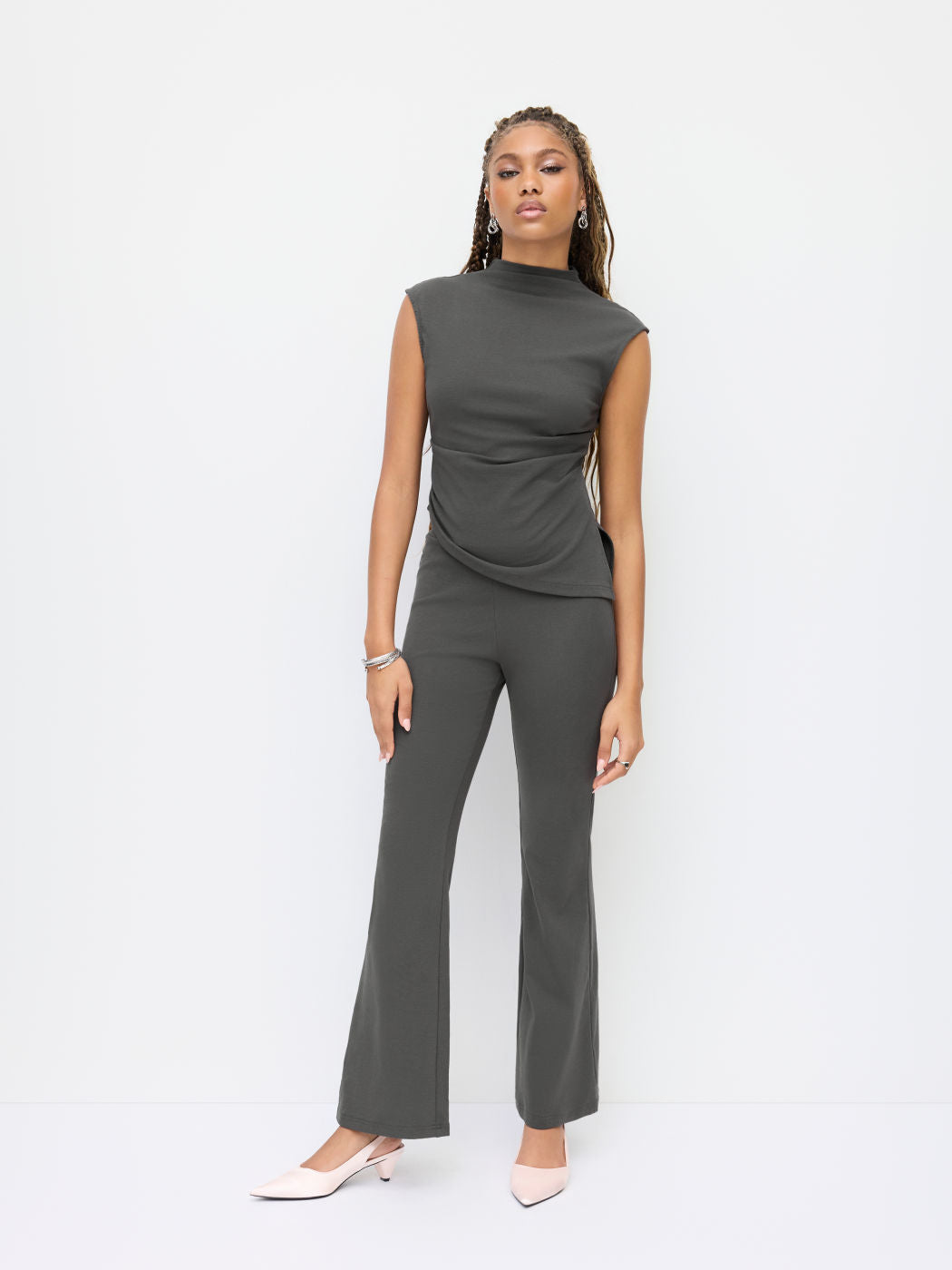 Cotton-blend High Neck Ruched Split Top & Mid Rise Flared Trousers Set