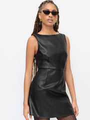 Faux Leather Boat Neck Mini Shift Dress