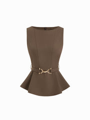 Boat Neck Pleated Tank Top With Belt