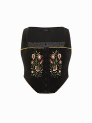 Velvet Square Neck Floral Embroidery Lettuce Trim Jacket Vest Curve & Plus