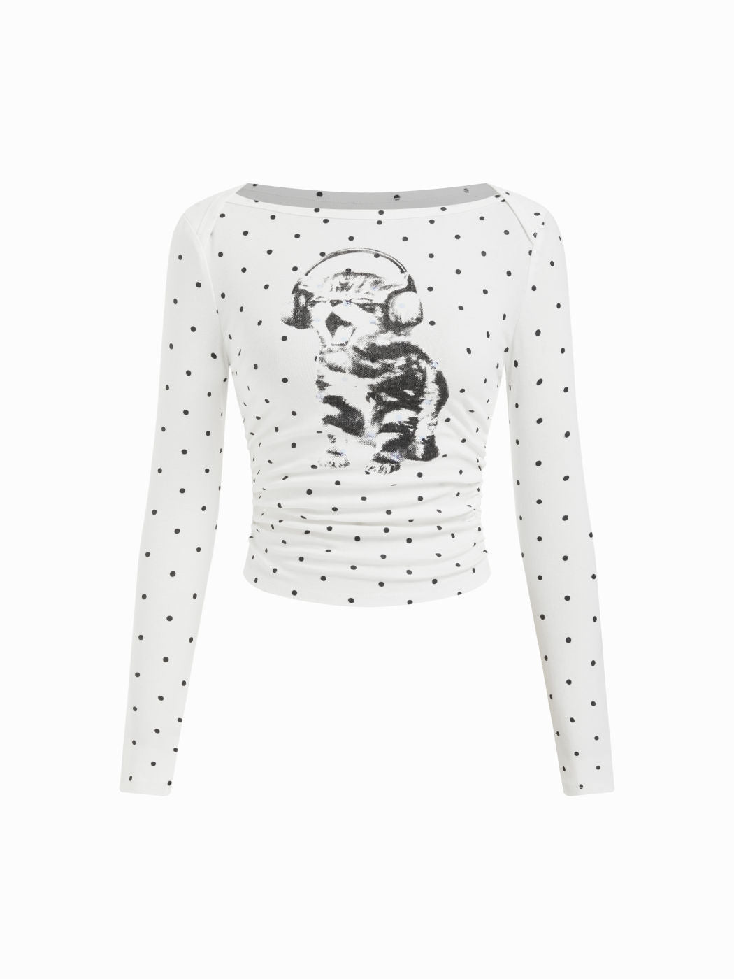 Cotton-blend Polka Dot & Cat Graphic Boat Neck Ruched Top