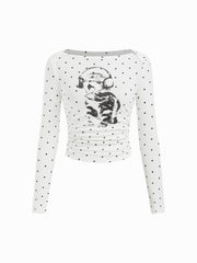 Cotton-blend Polka Dot & Cat Graphic Boat Neck Ruched Top