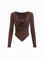 Cowl Neck Ruched Hanky Hem Long Sleeve Jersey Top