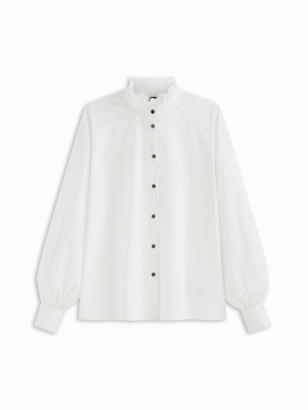 100% Cotton Stand Collar Lettuce Trim Oversized Long Sleeve Blouse