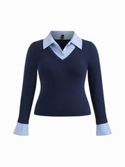 Cotton Collar Striped Two Tone Top Curve & Plus