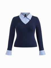 Cotton Collar Striped Two Tone Top Curve & Plus