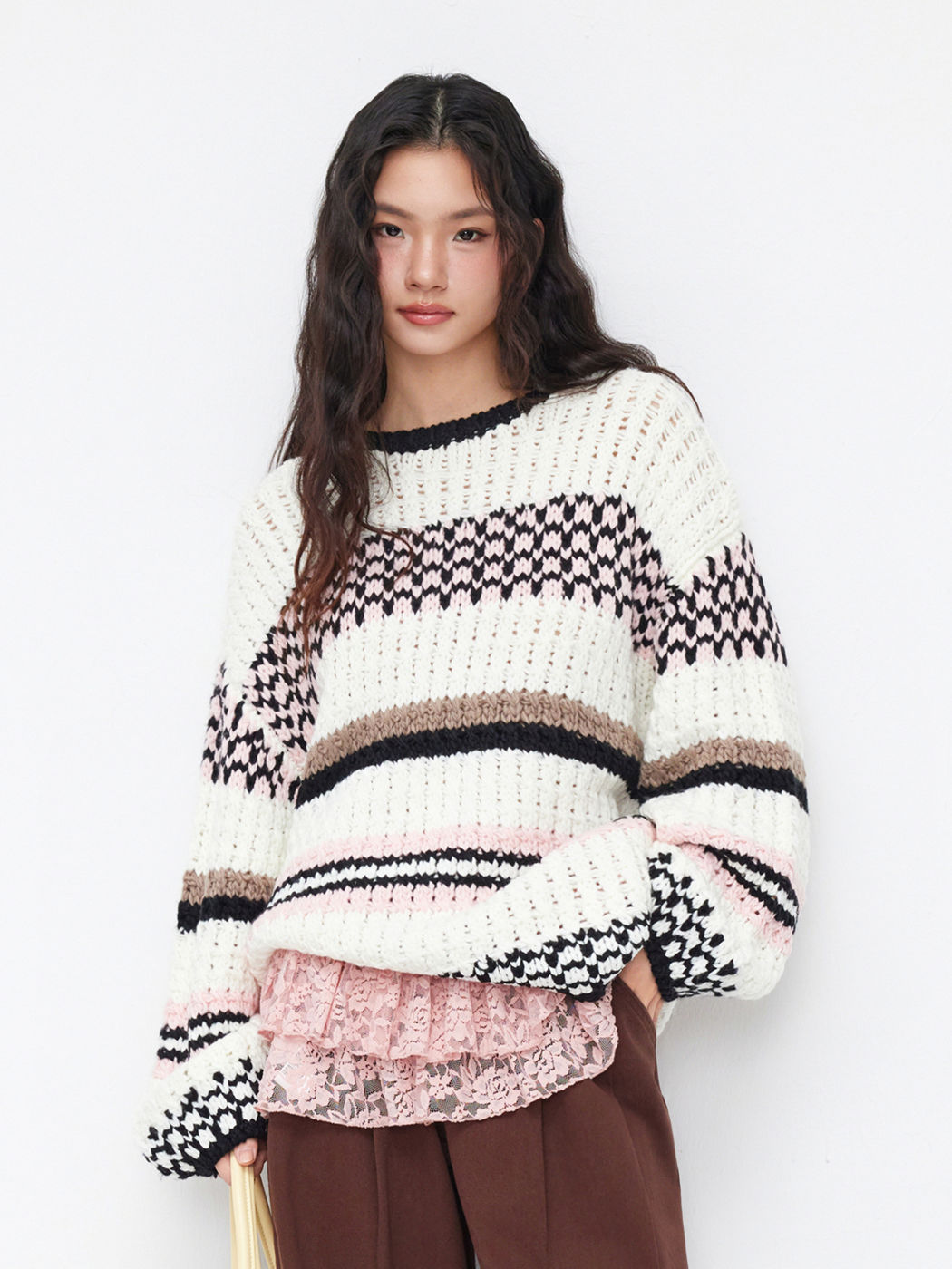 Knit Crochet Round Neck Striped Contrasting Binding Oversized Sweater