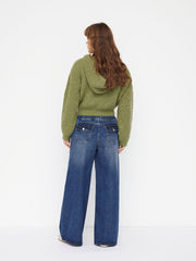 Denim Low Rise Elastic Waist Drawstring Wide Leg Jeans