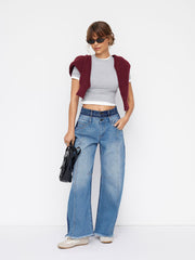 Cider Denim Colorblock Mid Rise Double Waist Barrel-leg Jeans
