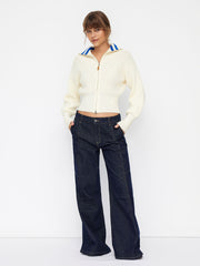 Knit Collar Striped Zip Through Cardigan