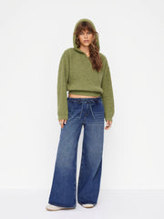 Denim Low Rise Elastic Waist Drawstring Wide Leg Jeans