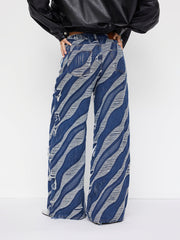Cider Denim Abstract Wave Low Rise Ripped Wide Leg Jeans