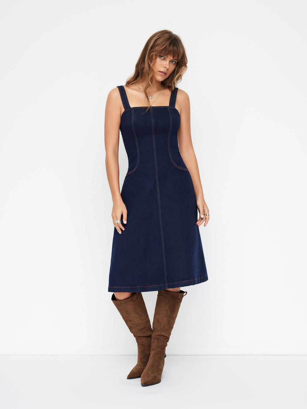 Stretch Denim A-line Maxi Cami Dress