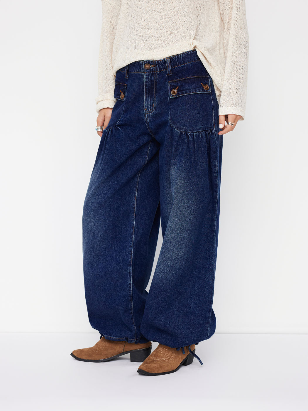 Cider Denim Low Rise Pleated Drawstring Jogger Jeans