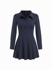 Striped Collar Button Pleated A-line Mini Dress