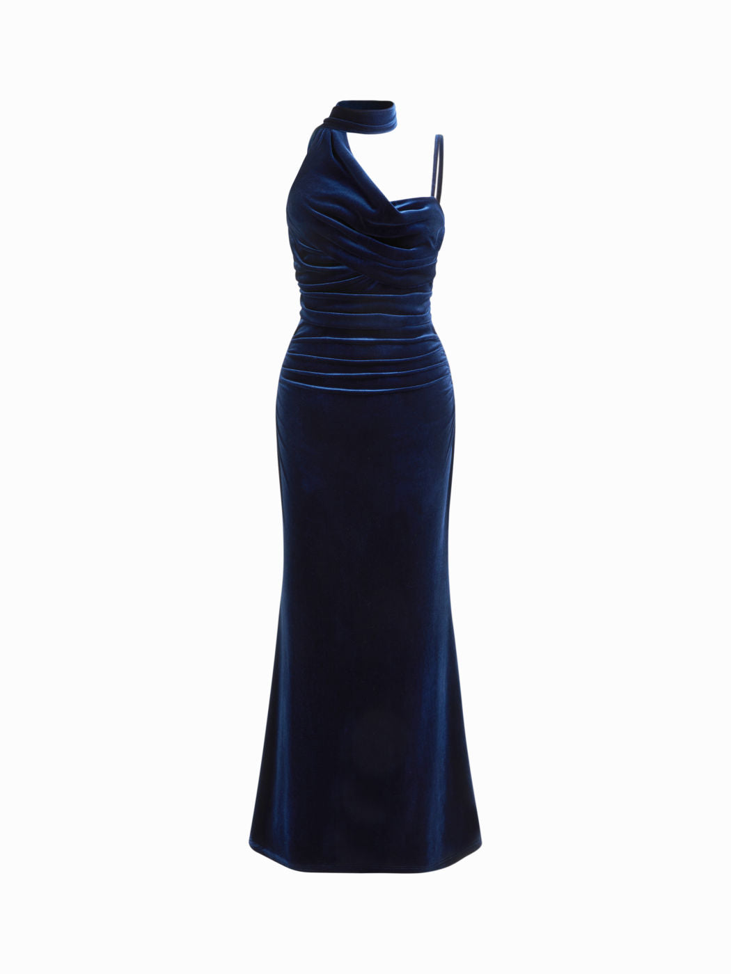 Velvet Halter Neckline Ruched Cami Maxi Dress With Scarf