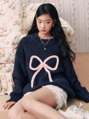 Knit Crochet Round Neckline Bowknot Oversized Chunky Sweater