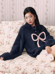 Knit Crochet Round Neckline Bowknot Oversized Chunky Sweater