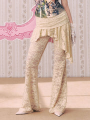 Lace Low Rise Ruched Ruffle Hem Flared Trousers