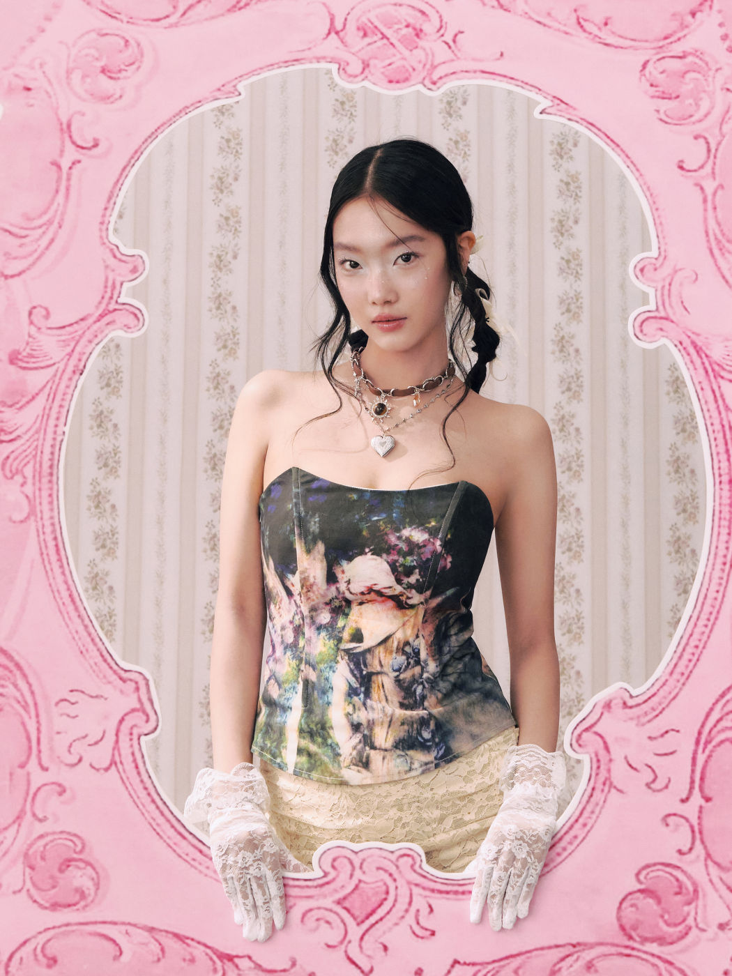 Cotton-blend Figure Oil Painting Lace Up Bandeau Corset