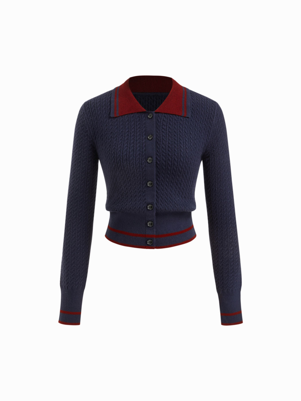 Cable Knit Wool-blend Striped Collar Long Sleeve Button Top