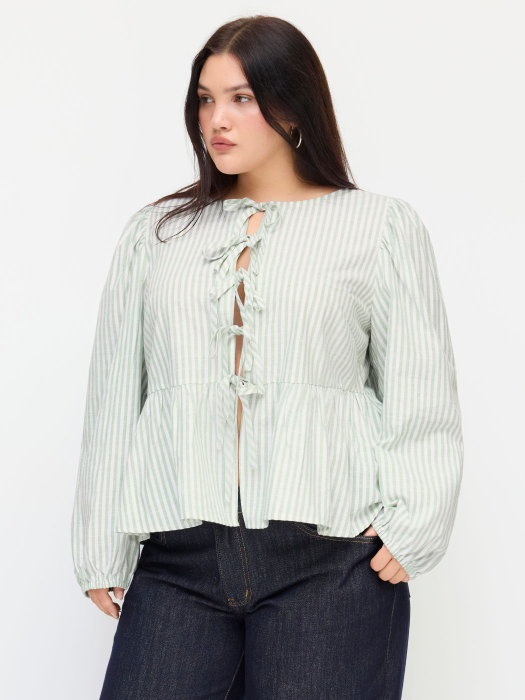 Cotton-blend Stripe Tie Front Bowknot Blouse Curve & Plus