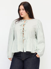 Cotton-blend Stripe Tie Front Bowknot Blouse Curve & Plus