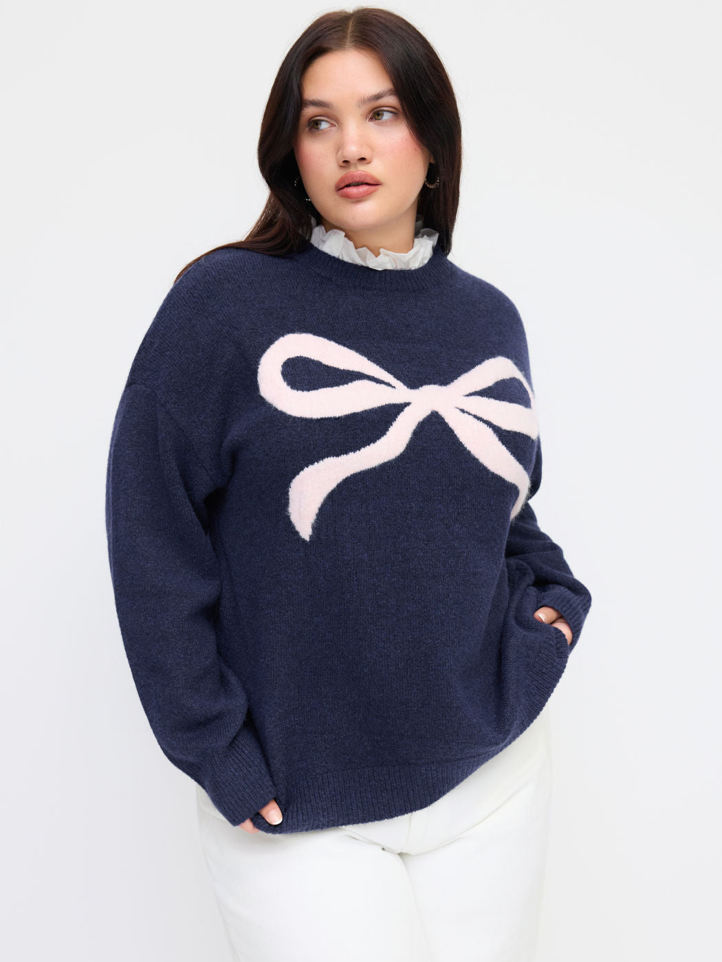 Knit Wool-blend Stand Collar Bowknot Pattern Long Sleeve Oversized Sweater Curve & Plus