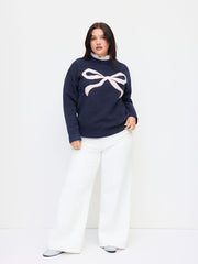 Knit Wool-blend Stand Collar Bowknot Pattern Long Sleeve Oversized Sweater Curve & Plus