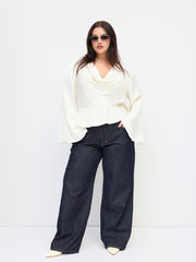 Satin Cowl Neckline Ruffle Hem Long Sleeve Blouse Curve & Plus