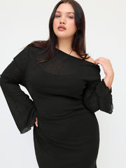 Two Pieces Asymmetrical Neck Lettuce Trim Bell Sleeve Maxi Dress With Cami Midi Dress Curve & Plus
