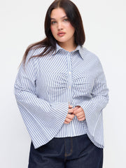 Cotton-blend Collar Stripe Ruched Bell Sleeve Shirt Curve & Plus