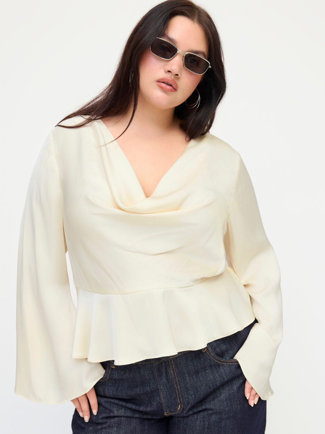 Satin Cowl Neckline Ruffle Hem Long Sleeve Blouse Curve & Plus