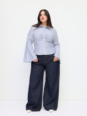 Cotton-blend Collar Stripe Ruched Bell Sleeve Shirt Curve & Plus