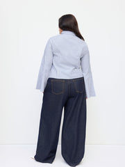Cotton-blend Collar Stripe Ruched Bell Sleeve Shirt Curve & Plus