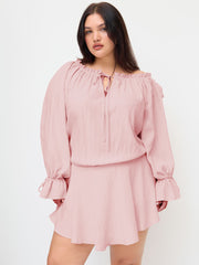 Asymmetrical Neck Lettuce Trim Drawstring Knotted Mini Dress Curve & Plus