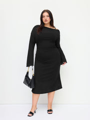 Two Pieces Asymmetrical Neck Lettuce Trim Bell Sleeve Maxi Dress With Cami Midi Dress Curve & Plus