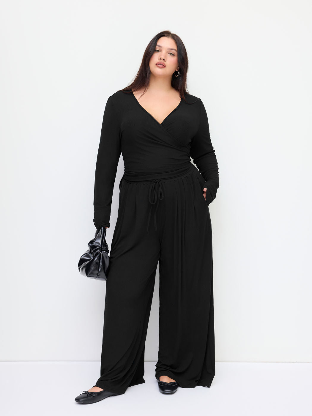 V-neck Wrap Knotted Long Sleeve Top & Mid Rise Straight Leg Trousers Set Curve & Plus