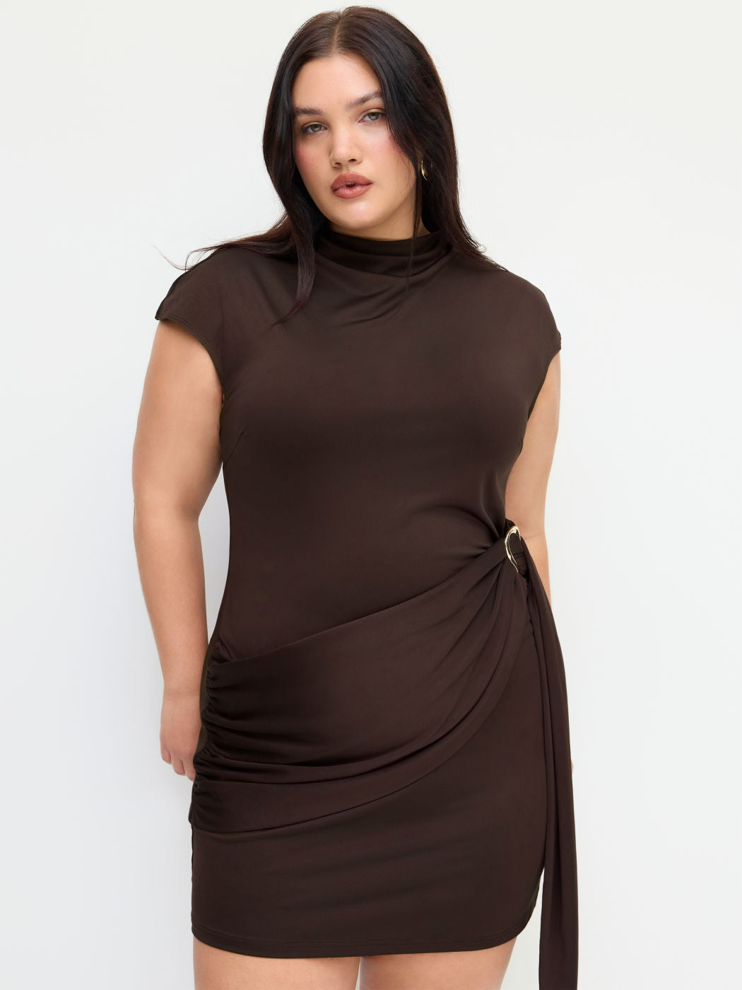 High Neck Metal Detail Ruched Mini Dress Curve & Plus