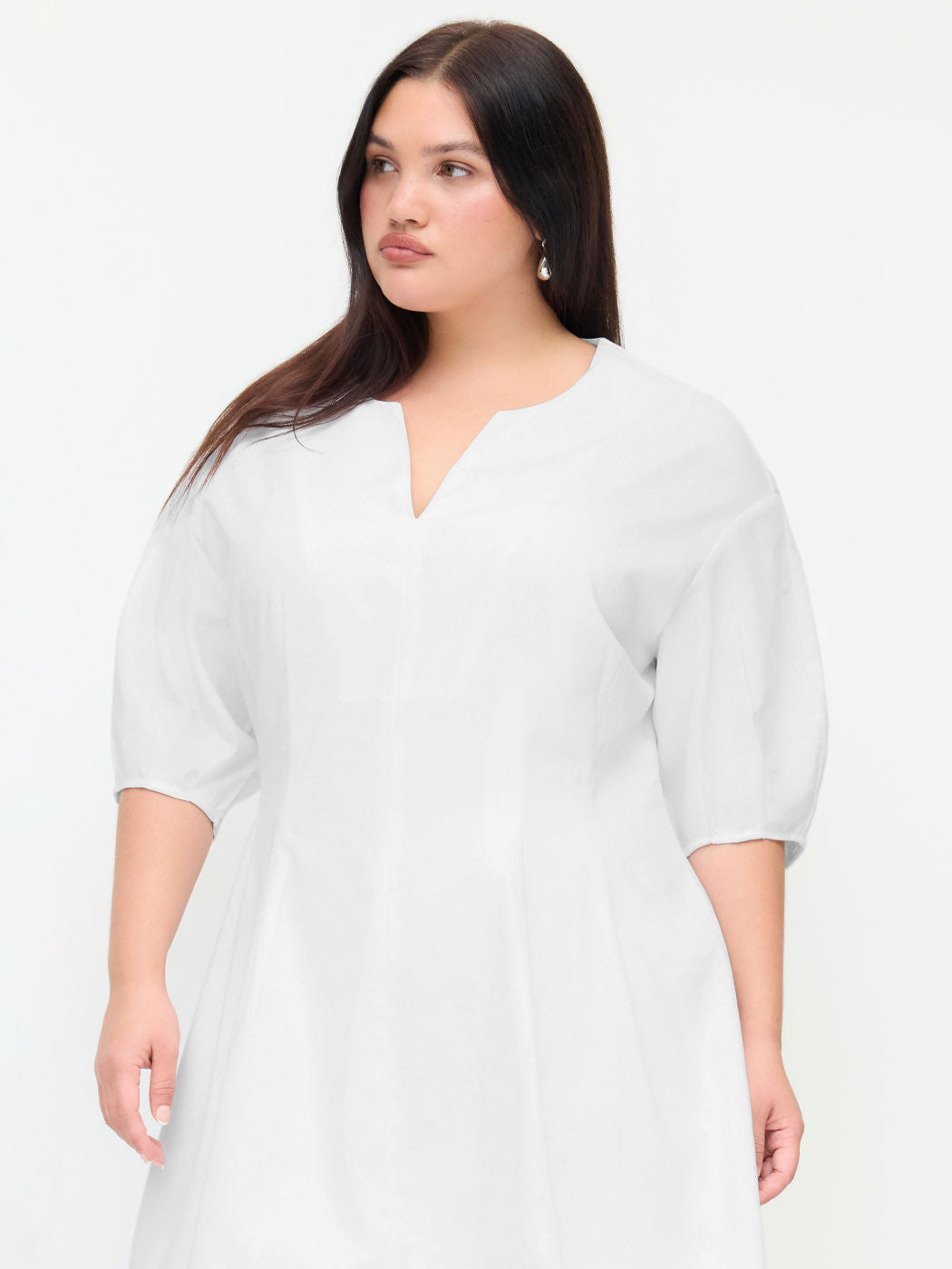 Linen-blend V-neck Lantern Mid-length Sleeve Mini Dress Curve & Plus