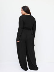 V-neck Wrap Knotted Long Sleeve Top & Mid Rise Straight Leg Trousers Set Curve & Plus