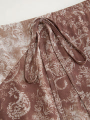 Mesh Mid Rise Two Tone Paisley Asymmetrical Ruffle Hem Midi Skirt