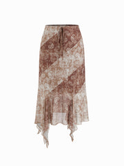 Mesh Mid Rise Two Tone Paisley Asymmetrical Ruffle Hem Midi Skirt