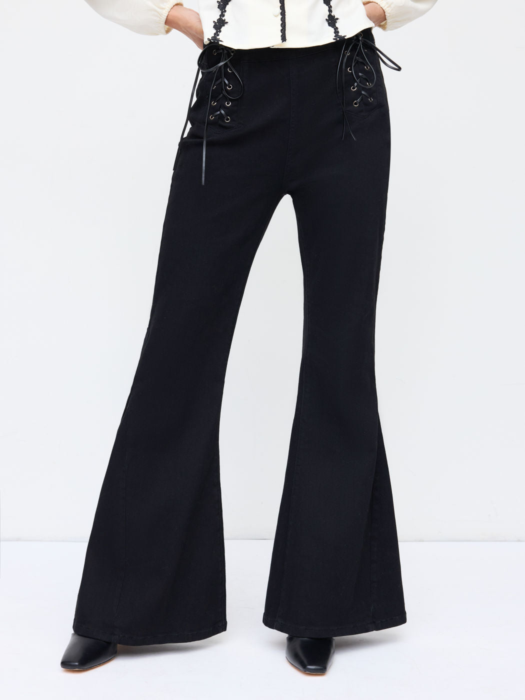 Stretch Cider Denim High Rise Side Lace Up Flared Jeans