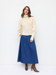 Knit High Neck Lantern Long Sleeve Cinched Waist Top