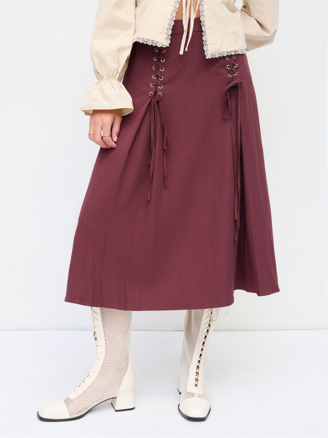 Mid Rise Lace Up Elastic Waist A-line Midi Skirt