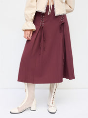 Mid Rise Lace Up Elastic Waist A-line Midi Skirt